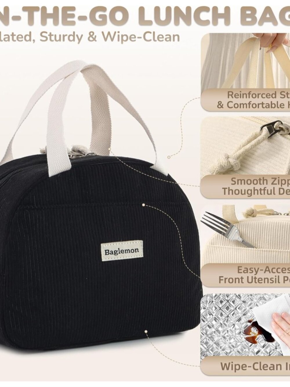 Lunch Bag for Women Men Cute Corduroy Lunch Tote Bags Reusable Insulated Lunch B - Picture 4 of 8